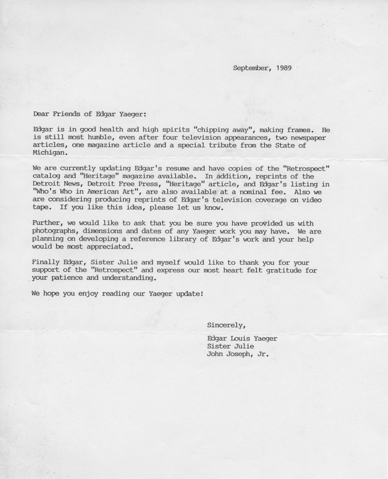 2012.047.012 Letter updating Yaeger supporters about his health and activities, 1989.