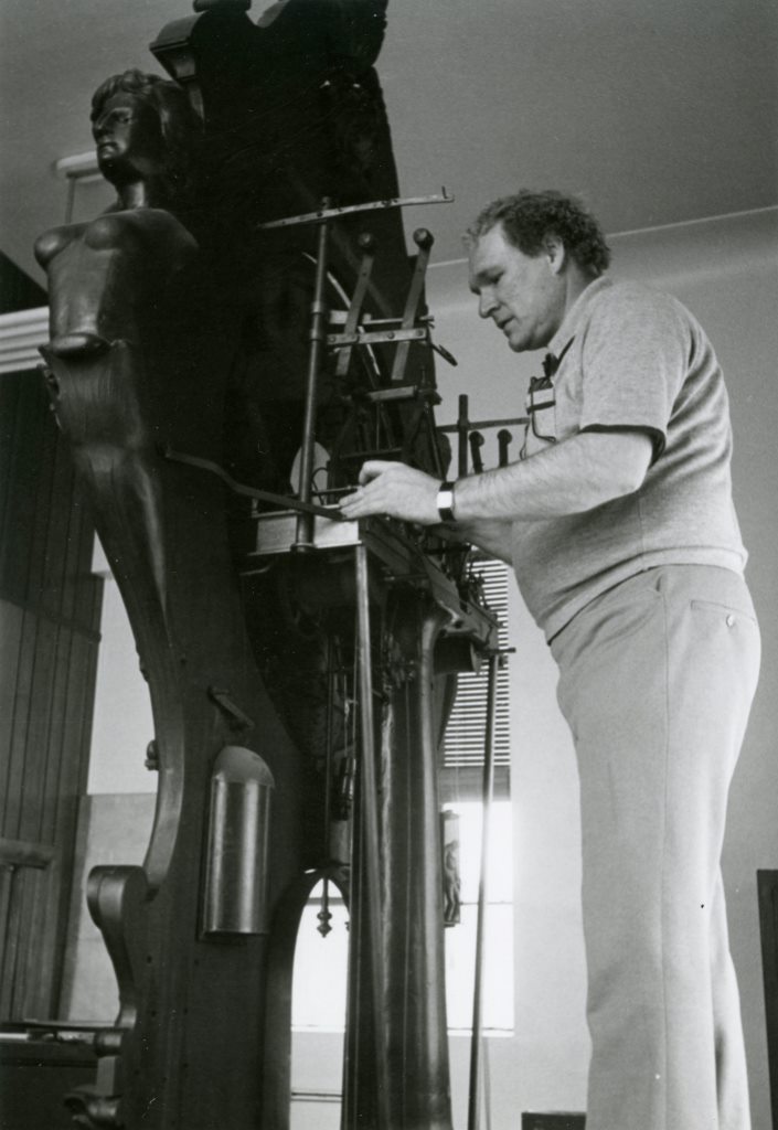 The Meier Clock being disassembled in preparation for its 1982 move from the Meier-owned. L.M. Gear Company to the Detroit Historical Museum.