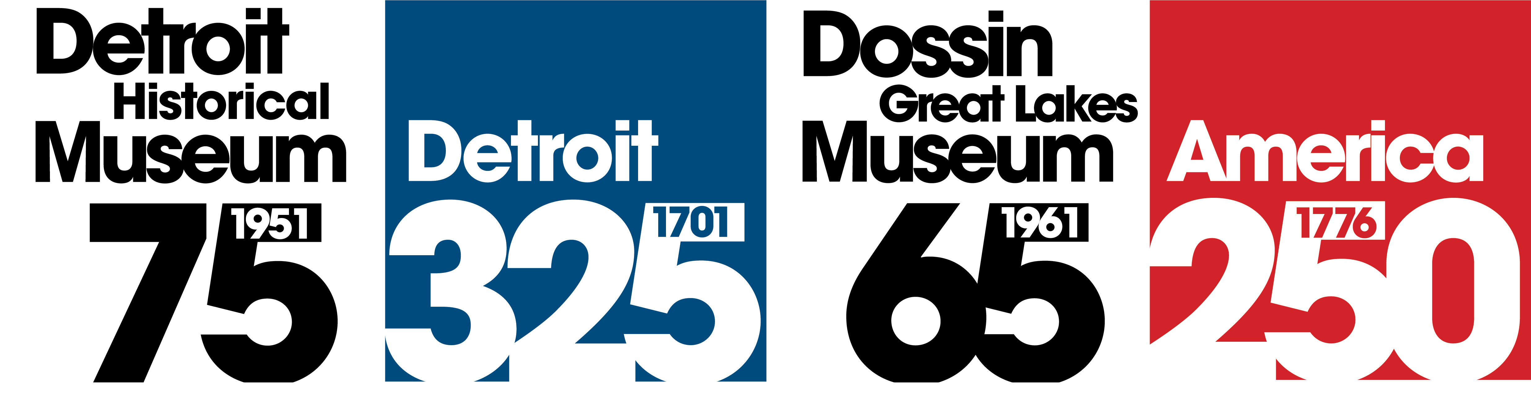 Logos for Detroit Historical Museum, Dossin Great Lakes Museum, and America 250, each with numerical anniversary years.