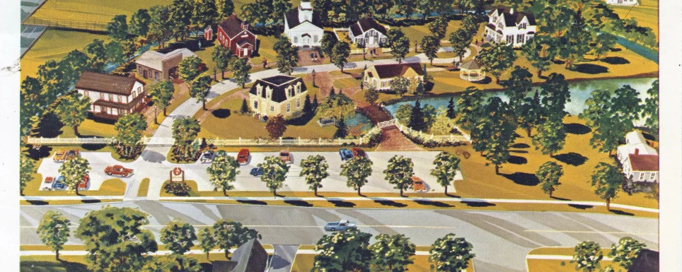 Aerial illustration of a proposed historical village with various buildings, roads, and trees, labeled Northville, Michigan.