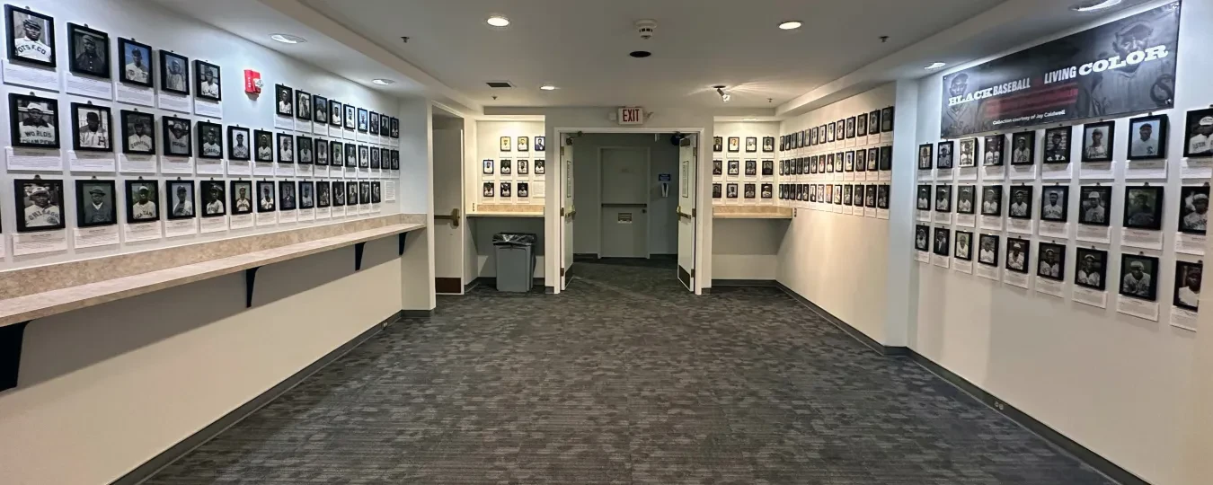 Hallway lined with framed photographs on both sides, gray carpet, and ceiling lights.