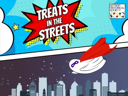 Comic style graphic with "Treats in the Streets" text, superhero ghost flying above city skyline, night sky with stars.