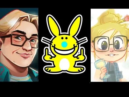 Cartoon character with glasses, yellow bunny logo showing a rude gesture, another cartoon character with glasses and bun.