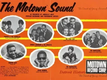 Black and white photos of Motown artists on an orange background with yellow stripes, featuring the Motown Records logo.