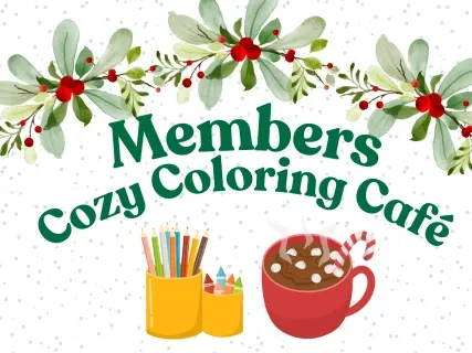 Holiday-themed graphic with colored pencils in a yellow holder and a red mug with hot cocoa, under festive greenery.
