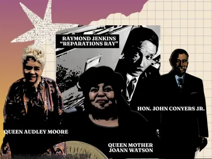 Collage with three people, a star, and a patterned background, featuring Queen Audrey Moore, Queen Mother JoAnn Watson, and Hon. John Conyers Jr.