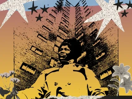 Stylized graphic of a person in a coat with stars and flowers, set against a gradient background and tall building.