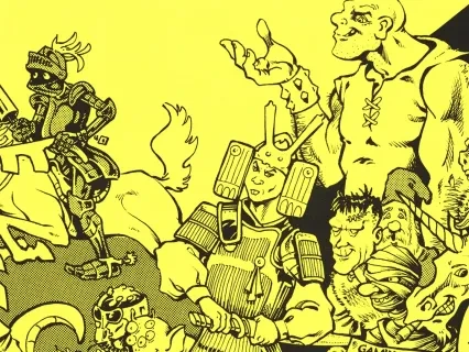 Fantasy characters grouped together on a yellow and black background, including a knight on a horse and various mythical creatures.