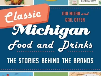 Classic Michigan food and drinks book cover with vintage brand logos.