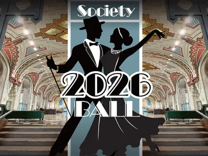 Silhouettes of a dancing couple in formal attire in an ornate ballroom setting, text overlay "2026 Ball".