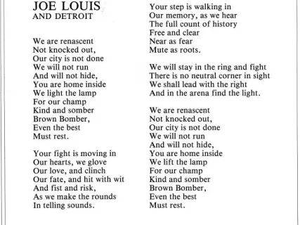 Poem titled "To Joe Louis and Detroit," by Harold Norris, with themes of resilience and struggle, from Detroit Historical Society.