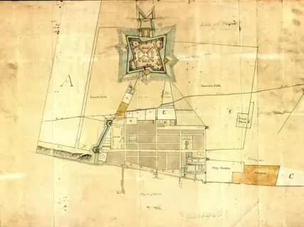 Historic map sketch featuring a fort with surrounding streets, labeled in fine detail on aged parchment.