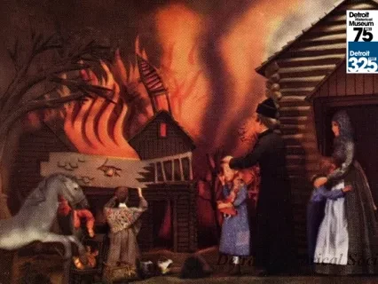 A painted scene of a wooden house on fire, with people and a horse in distress nearby.