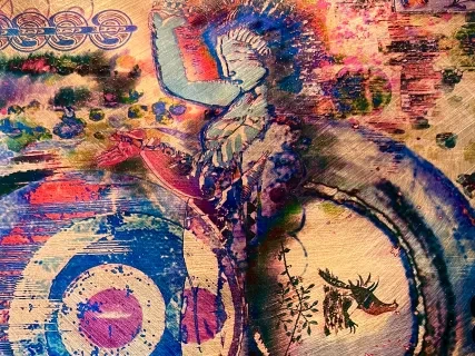Colorful abstract painting with circular patterns and swirling shapes.