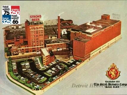 Illustration of a large red brick brewery complex with parking lot and surrounding buildings.