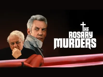 Two serious men against a black background with "The Rosary Murders" text in white, with a red shape below.