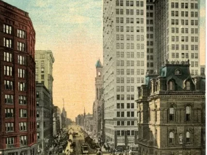 Postcard - Fort Street West showing Dime Bank Building, Detroit, Mich.