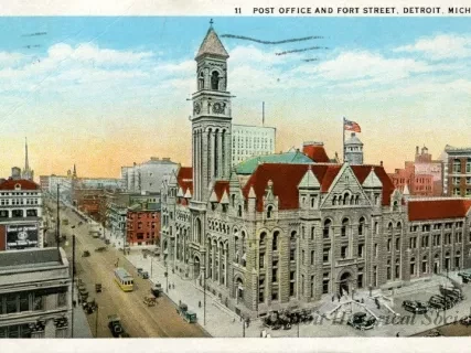 Postcard - Post Office and Fort Street, Detroit, Mich.
