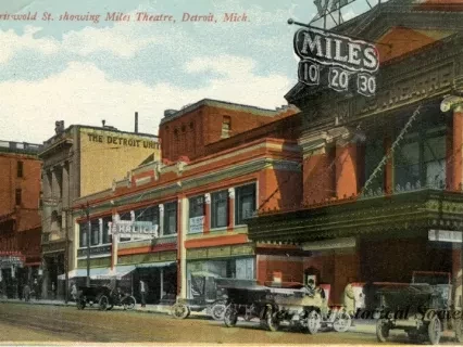 Postcard - Griswold St. showing Miles Theatre, Detroit, Mich.