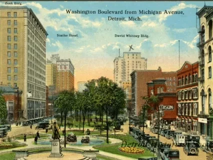 Postcard - Washington Boulevard, from Michigan Avenue, Detroit, Mich.