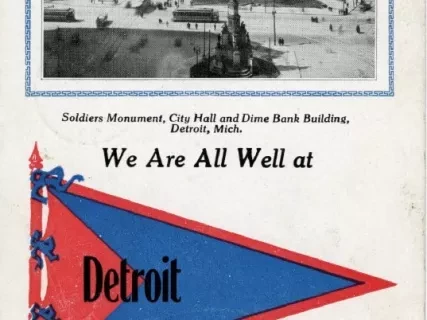 Postcard - Soldiers Monument, City Hall, and Dime Bank Building, Detroit, Mich.