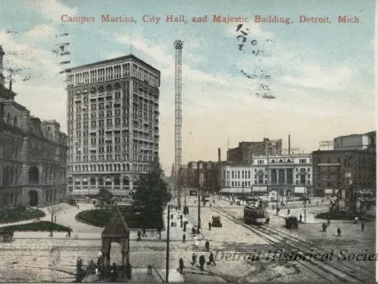 Postcard - Campus Martius, City Hall, and Majestic Building, Detroit, Mich.