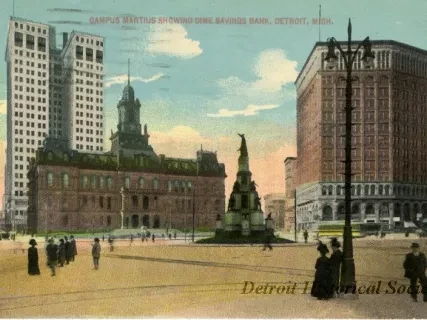 Postcard - Campus Martius showing Dime Savings Bank, Detroit, Mich.