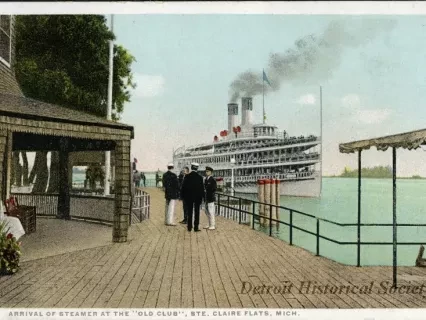 Postcard - Arrival of Steamer at the "Old Club", Ste. Claire Flats, Mich.