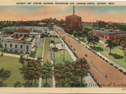 Postcard - Detroit Art Center Showing Woodward Ave. Looking North. Detroit, Mich. - Detroit Art Center Showing Woodward Ave.