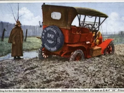 Postcard - Pathfinding for the Glidden Tour - Detroit to Denver and return.  2600 miles in rainy April.  Car was an E-M-F "30" - Price $1250.
