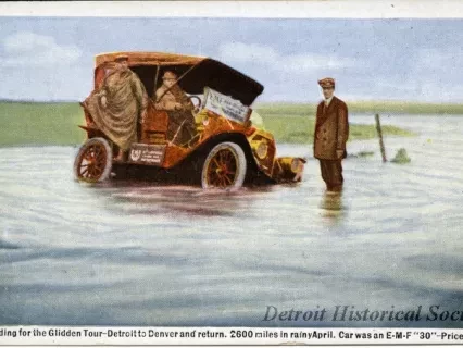 Postcard - Pathfinding for the Glidden Tour - Detroit to Denver and return.  2600 miles in rainy April.  Car was an E-M-F "30" - Price $1250.