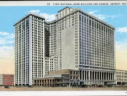 Postcard - First National Bank Building and Garage, Detroit, Mich.