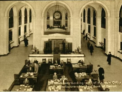 Postcard - The block-long banking room of the Main Office of Manufacturers National Bank of Detroit.