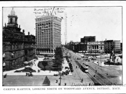 Postcard - Campus Martius, looking north on Woodward Ave, Detroit, Mich.