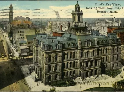 Postcard - Bird's Eye View, looking West from City Hall, Detroit, Mich.