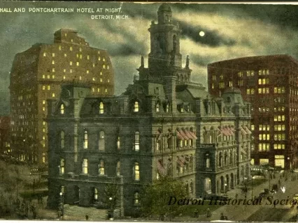 Postcard - City Hall and Pontchartrain Hotel at night, Detroit, Mich.