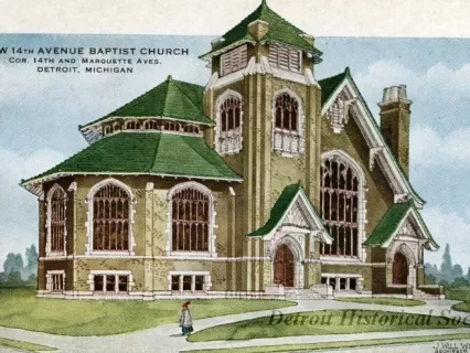 Postcard - New 14th Avenue Baptist Church, Cor. 14th and Marquette Aves. Detroit, Michigan.