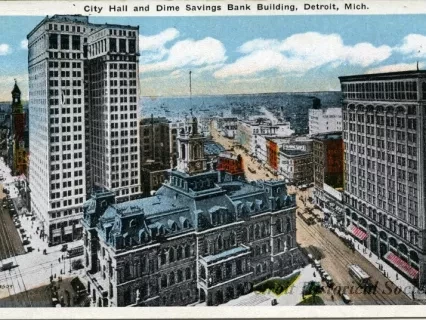 Postcard - City Hall and Dime Savings Bank Building, Detroit, Mich.