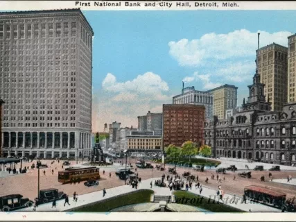 Postcard - First National Bank and City Hall, Detroit, Mich.