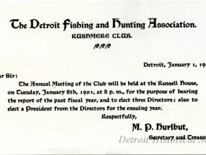 Announcement - The Detroit Fishing and Hunting Association, Rushmore Club