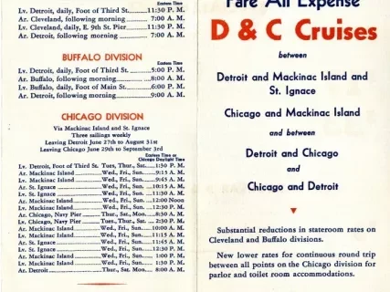 Brochure - Attractive New Low Fare All Expense D&C Cruises between Detroit & Mackinac island & St. Ignace; Chicago & Mackinac Island and between Detroit & Chicago and Chicago & Detroit