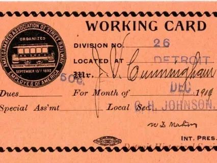 Card, Union - Working Card
Amalgamated Association of Street Railway Employees of America