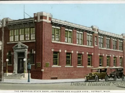 Postcard - The American State Bank, Jefferson and Hillger Aves., Detroit, Mich.