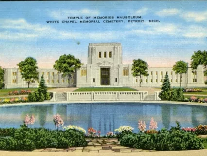 Postcard - Temple of Memories Mausoleum, White Chapel Memorial Cemetery, Detroit, Mich.