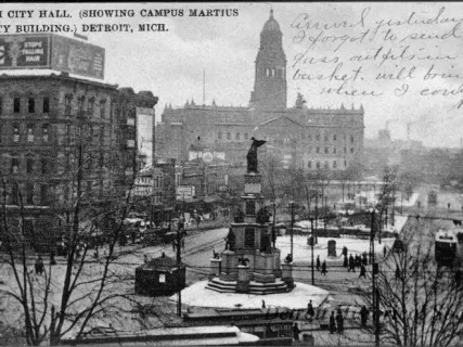 Postcard - View from City Hall. (Showing Campus Martius and County Building.) Detroit, Mich.