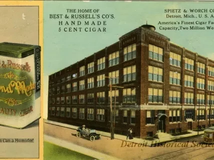 Postcard - Spietz & Worch Co. Detroit, Mich., U.S.A.
America's Finest Cigar Factory. Capacity Two Million Weekly.