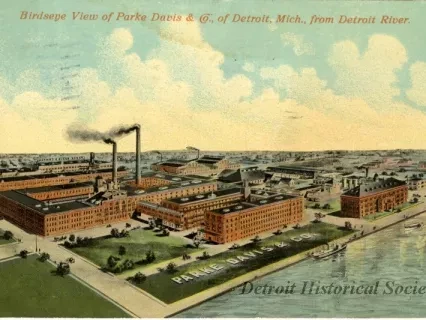 Postcard - Birdseye View of Parke Davis & Co., of Detroit, Mich., from Detroit River.