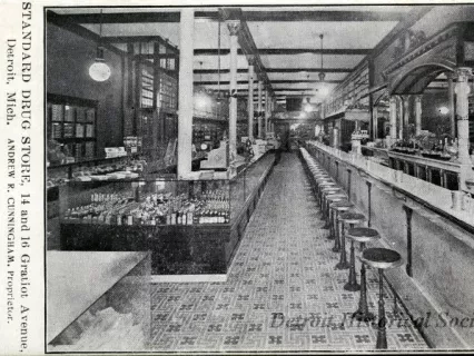 Postcard - Standard Drug Store, 14 and 16 Gratiot Avenue, Detroit, Mich. Andrew R. Cunningham, Proprietor.