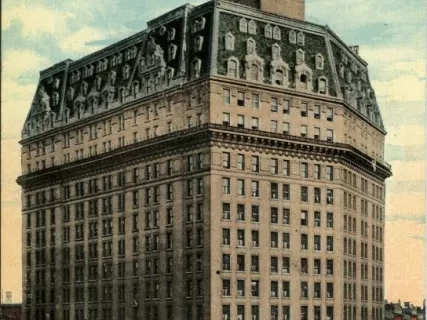 Postcard - Pontchartrain Hotel from City Hall Porch, Detroit, Mich.