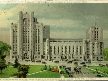Postcard - New Masonic Temple, Temple Avenue and Second Boulevard, Detroit, Michigan.
